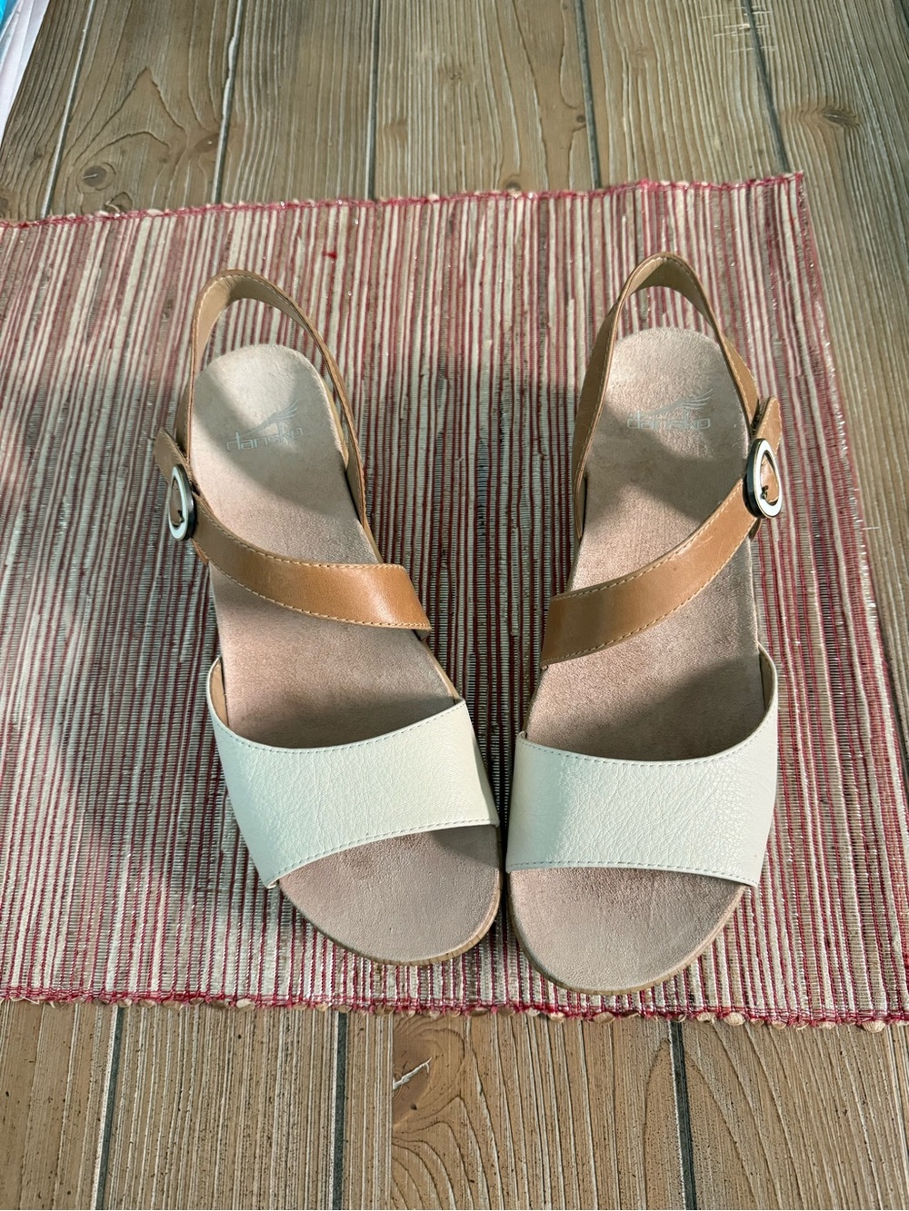 Dansko Marjorie Platform Two-Tone Slingback Sandals in Cream and Tan Leather